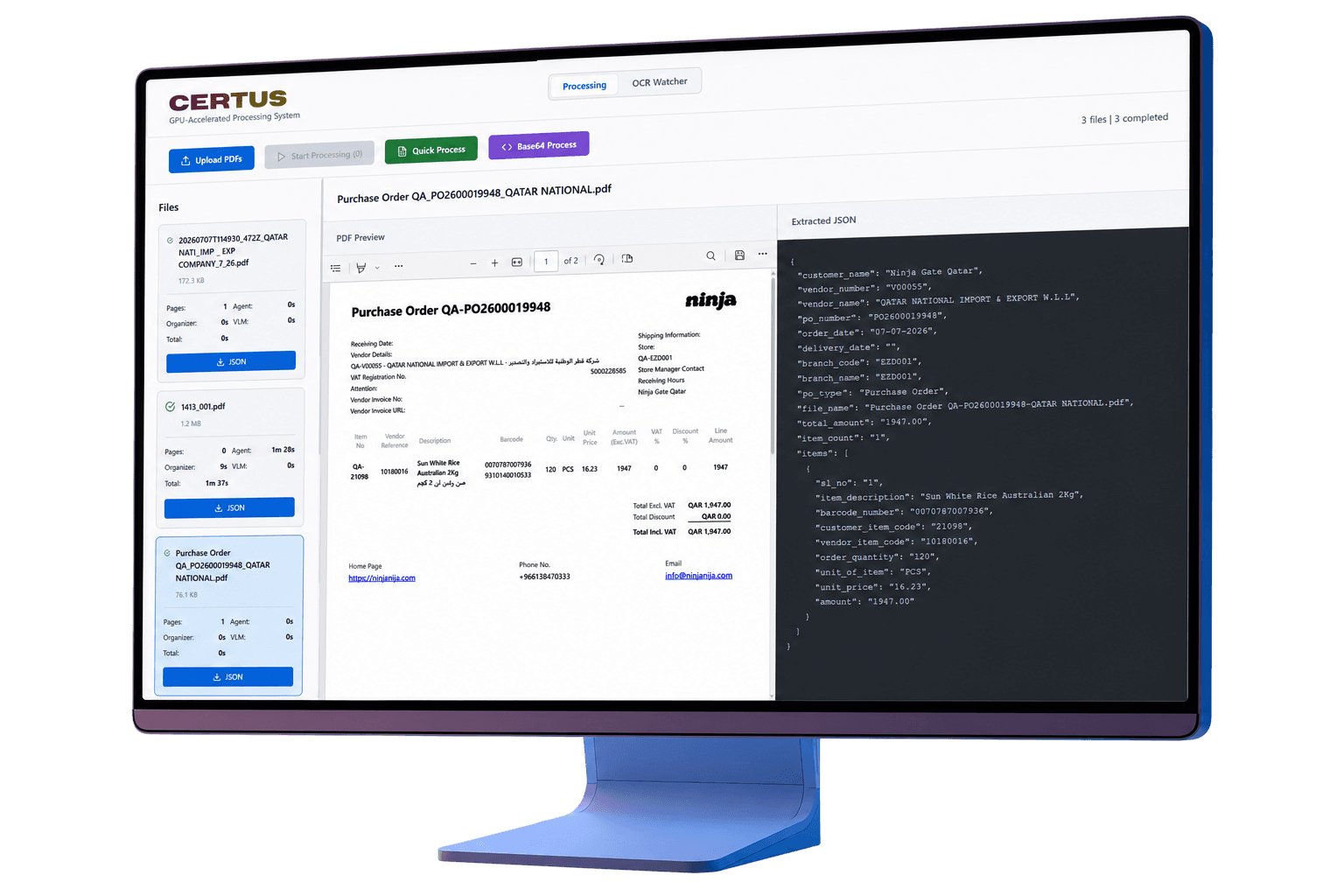 Certus information processing workspace showing a purchase order alongside its extracted JSON